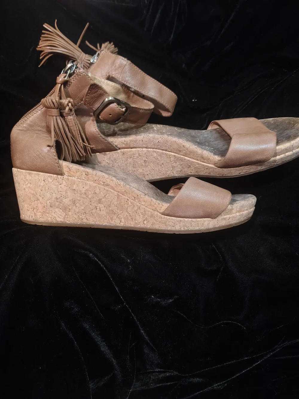 UGG Tan Cork Wedge Sandals with Ankle Tassels
